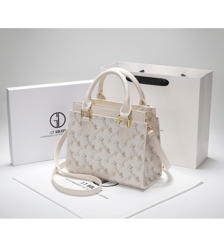 2022新款香港it真皮印花女包时尚单肩包手提包老花斜挎包 白色 收藏加