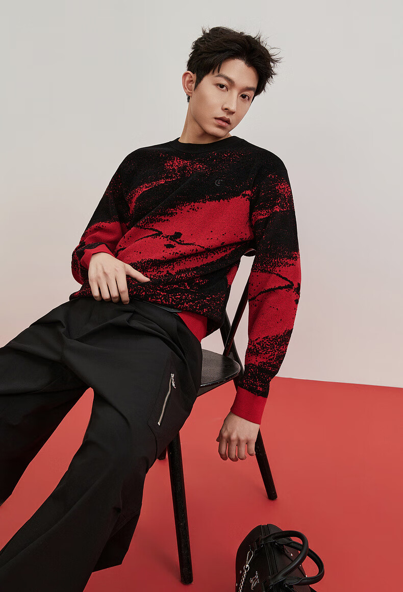 CABBEEN Ink Texture Jacquard Artistic Color-Block Knit Sweater Men 2026 Spring Soft Warm Long Sleeve Pullover 2