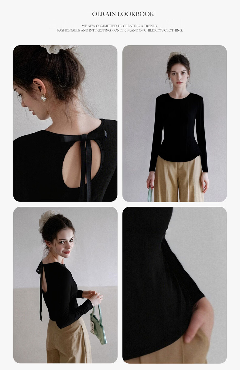 Olrain Slim Fit Back Hollow Butterfly Bow Long Sleeve T-Shirt Women Spring New Slim Top Black XL 11