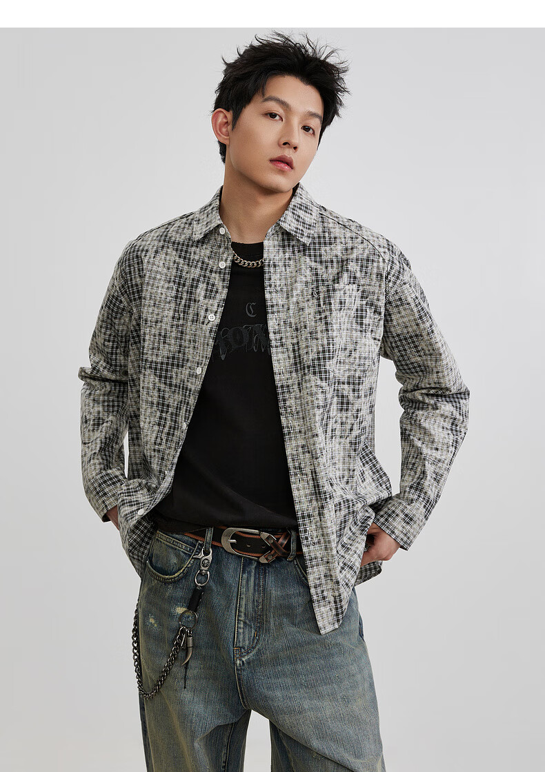 CABBEEN Printed Yarn-Dyed Plaid Imitation Tie-Dye Shirt Men Double White Stripe Plaid Design 2026 Spring Long Sleeve Casual Shirt 7
