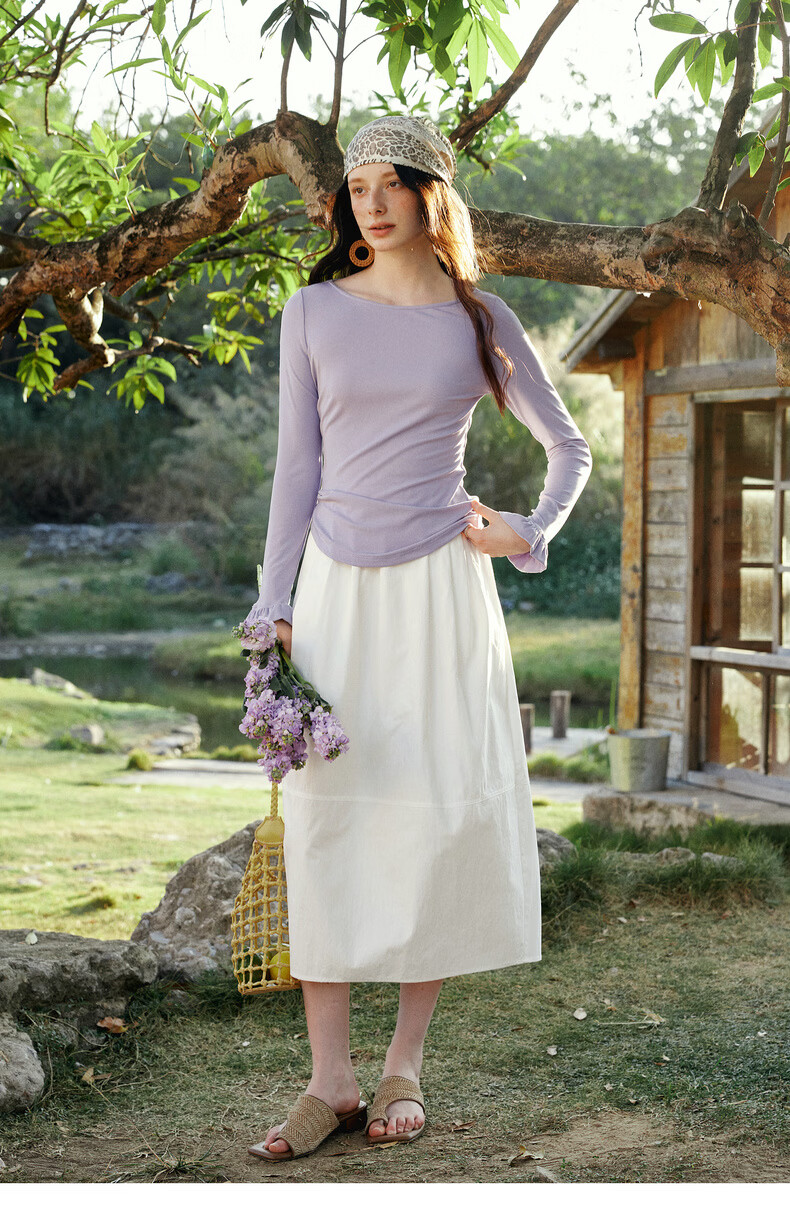 Olrain Eurielle French Style Off-Shoulder Top Women's Spring New Ruffled Slim Fit Long Sleeve T-Shirt Purple L 22