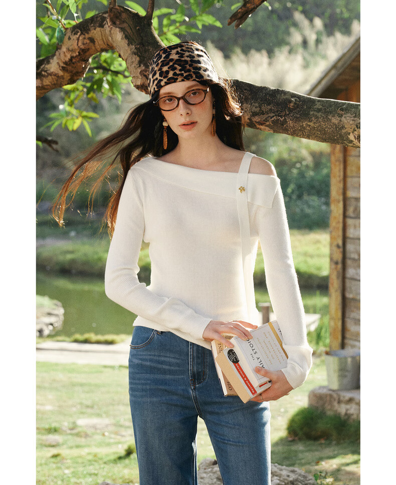 Olrain One-Shoulder Ribbon Pullover Knit Top for Women Spring New Elegant Base Shirt Off-White XL 17
