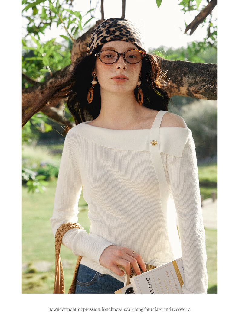 Olrain One-Shoulder Ribbon Pullover Knit Top for Women Spring New Elegant Base Shirt Off-White XL 18