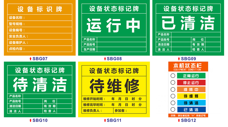 机械设备状态标识牌完好维修中待验合格不合格已清洁物料状态标记牌