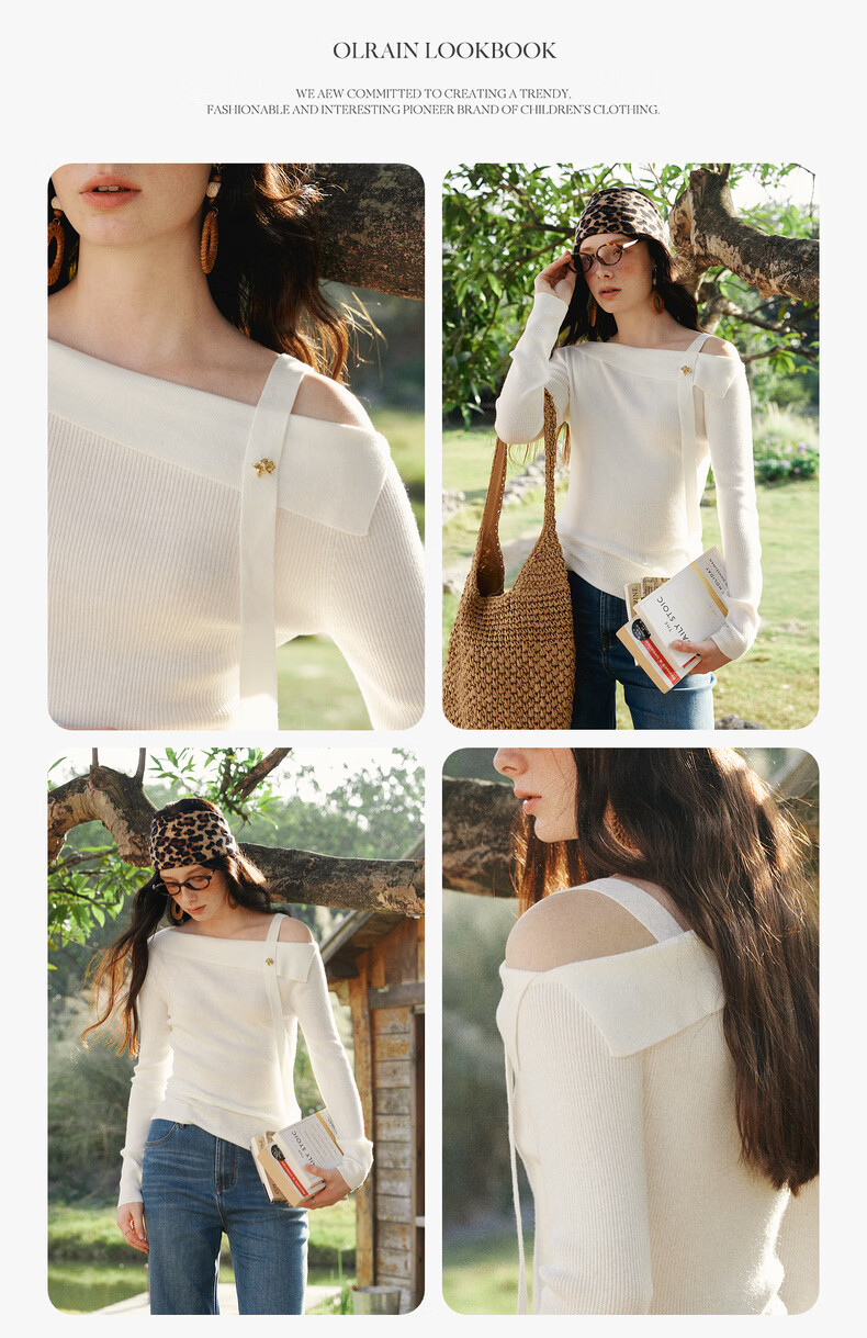 Olrain One-Shoulder Ribbon Pullover Knit Top for Women Spring New Elegant Base Shirt Off-White XL 10