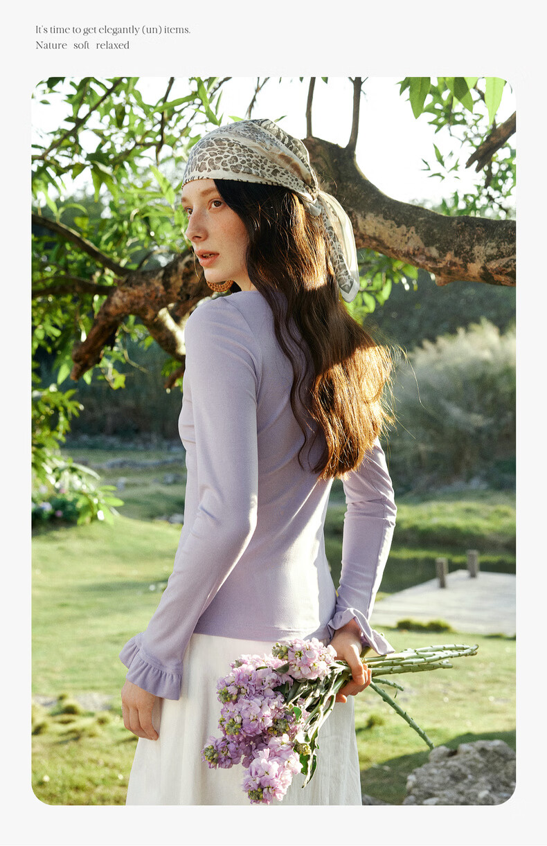Olrain Eurielle French Style Off-Shoulder Top Women's Spring New Ruffled Slim Fit Long Sleeve T-Shirt Purple L 14