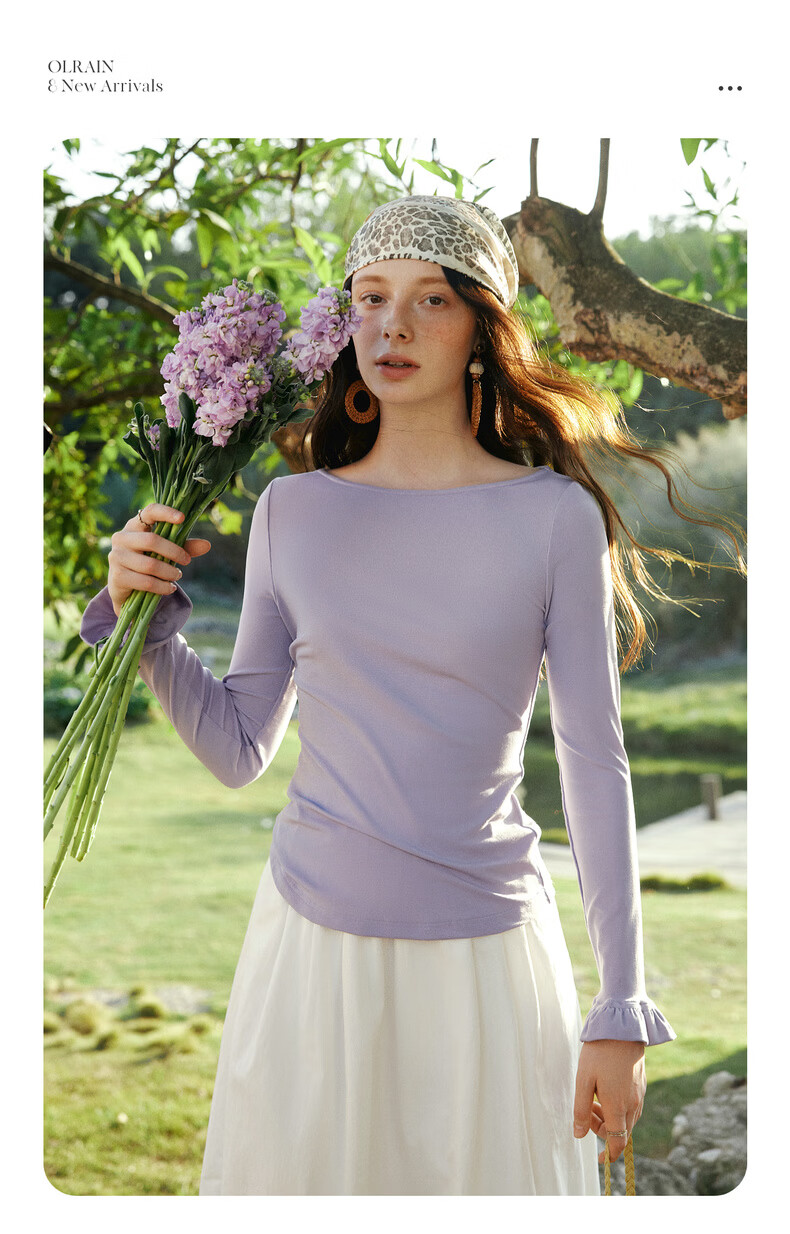 Olrain Eurielle French Style Off-Shoulder Top Women's Spring New Ruffled Slim Fit Long Sleeve T-Shirt Purple L 9