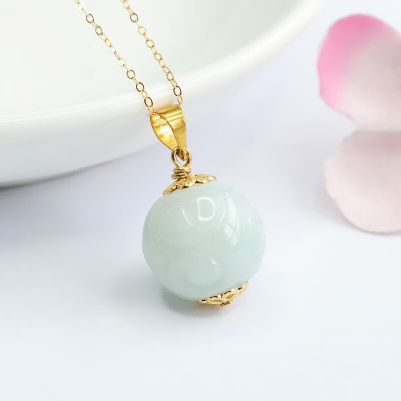 钻言 镶缅甸a货翡翠回纹珠吊坠老坑种玉石雕刻圆珠项链锁骨链玉器挂件