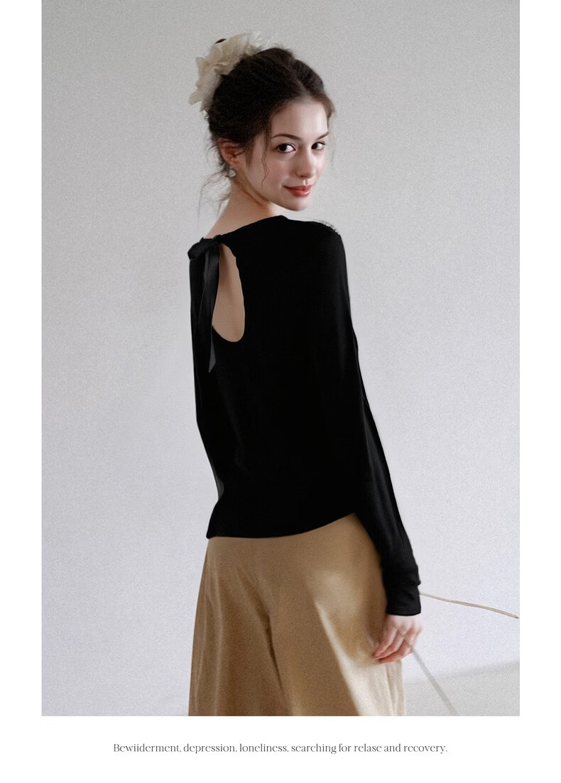 Olrain Slim Fit Back Hollow Butterfly Bow Long Sleeve T-Shirt Women Spring New Slim Top Black XL 16