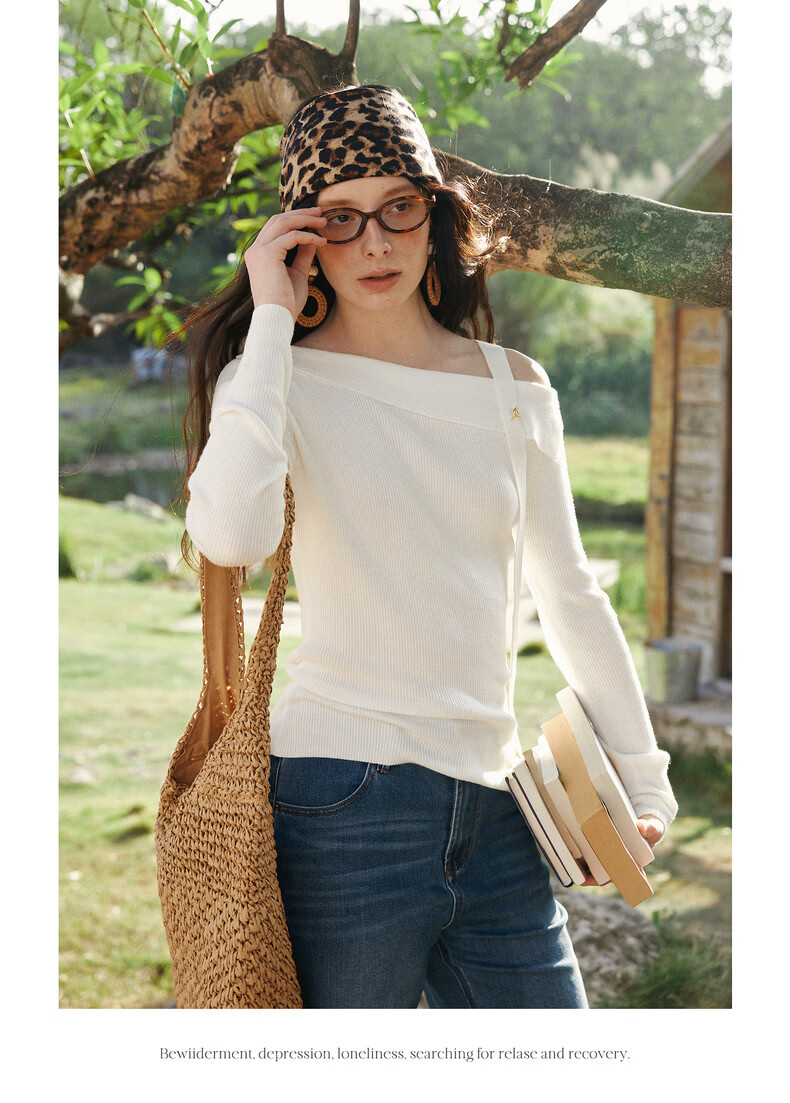 Olrain One-Shoulder Ribbon Pullover Knit Top for Women Spring New Elegant Base Shirt Off-White XL 15