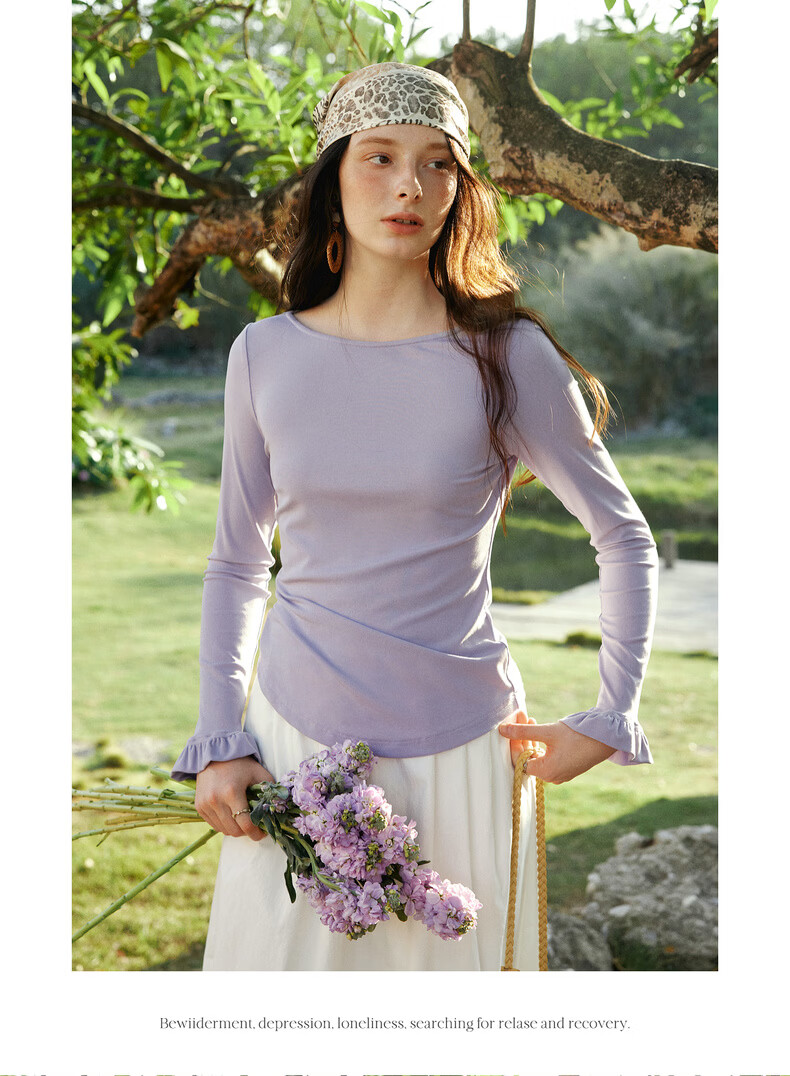 Olrain Eurielle French Style Off-Shoulder Top Women's Spring New Ruffled Slim Fit Long Sleeve T-Shirt Purple L 21