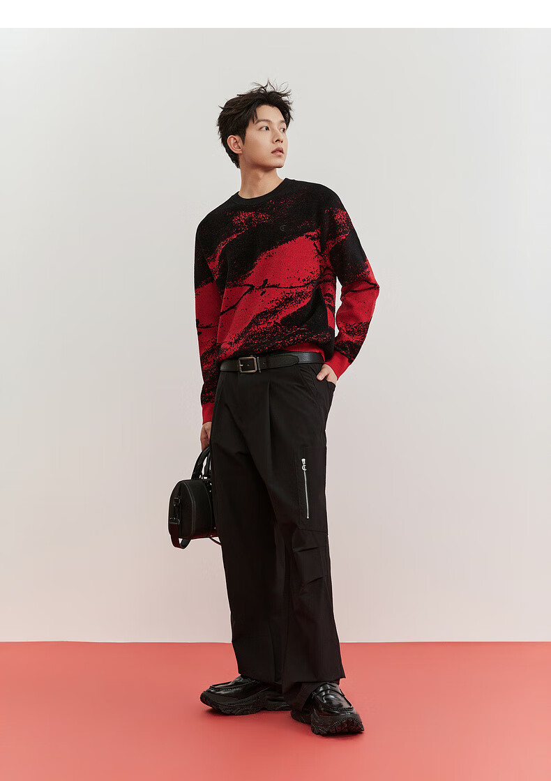 CABBEEN Ink Texture Jacquard Artistic Color-Block Knit Sweater Men 2026 Spring Soft Warm Long Sleeve Pullover 15
