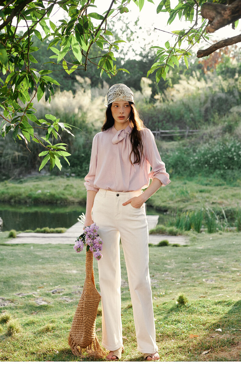 Olrain Ribbon Collar Premium Shirt Women's Spring New Commuter Casual Blouse Pink S 13