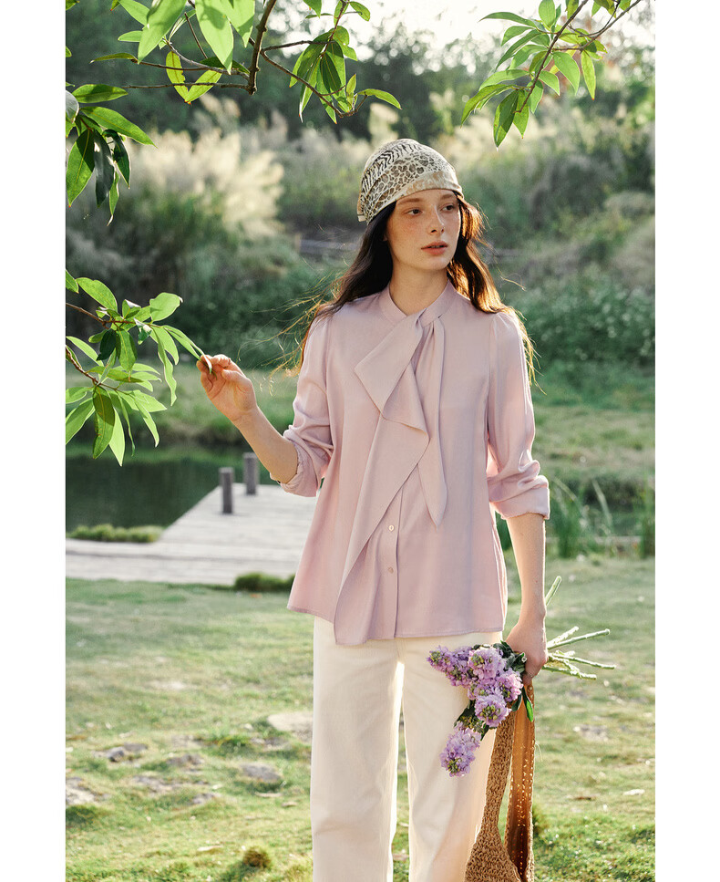 Olrain Ribbon Collar Premium Shirt Women's Spring New Commuter Casual Blouse Pink S 14