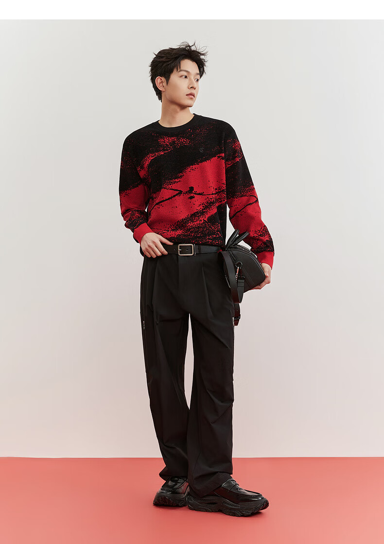 CABBEEN Ink Texture Jacquard Artistic Color-Block Knit Sweater Men 2026 Spring Soft Warm Long Sleeve Pullover 14