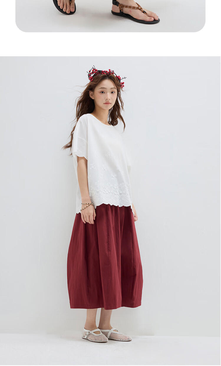 Giordano Designer Cocoon Skirt Women's Summer New Lantern Skirt Elastic Waist Red Midi Skirt 18465808 12