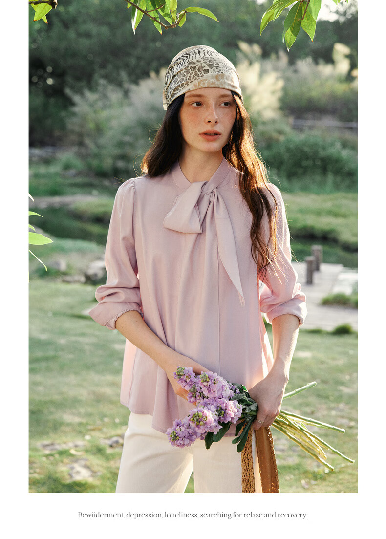Olrain Ribbon Collar Premium Shirt Women's Spring New Commuter Casual Blouse Pink S 12