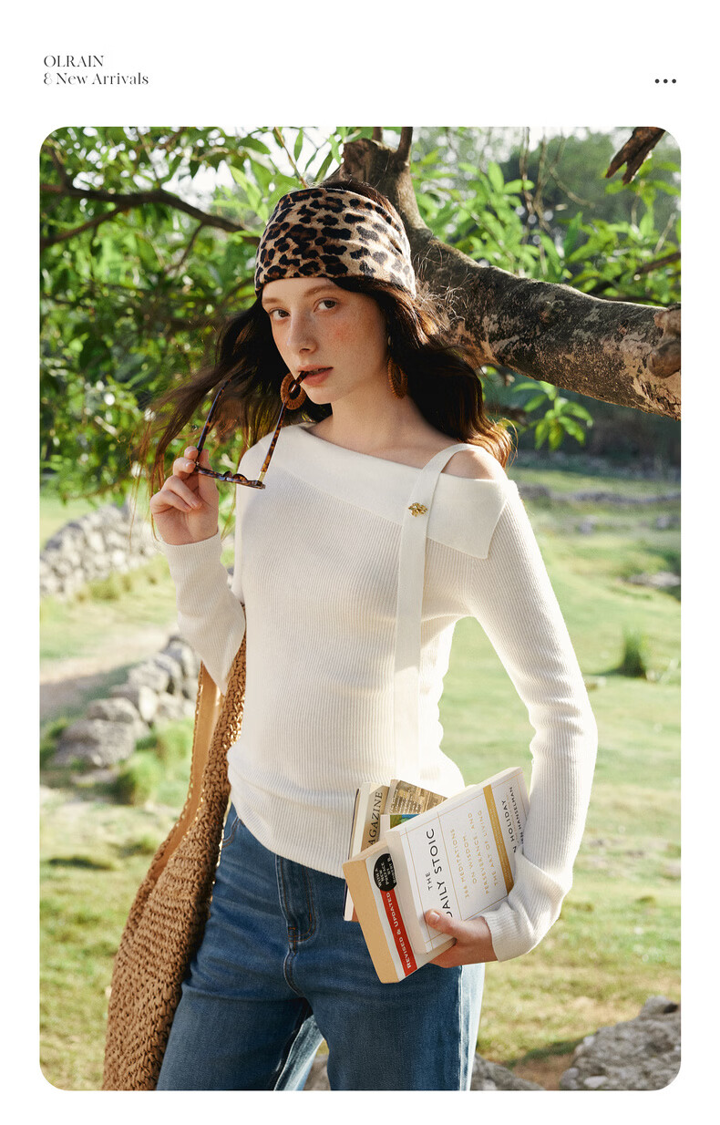 Olrain One-Shoulder Ribbon Pullover Knit Top for Women Spring New Elegant Base Shirt Off-White XL 7