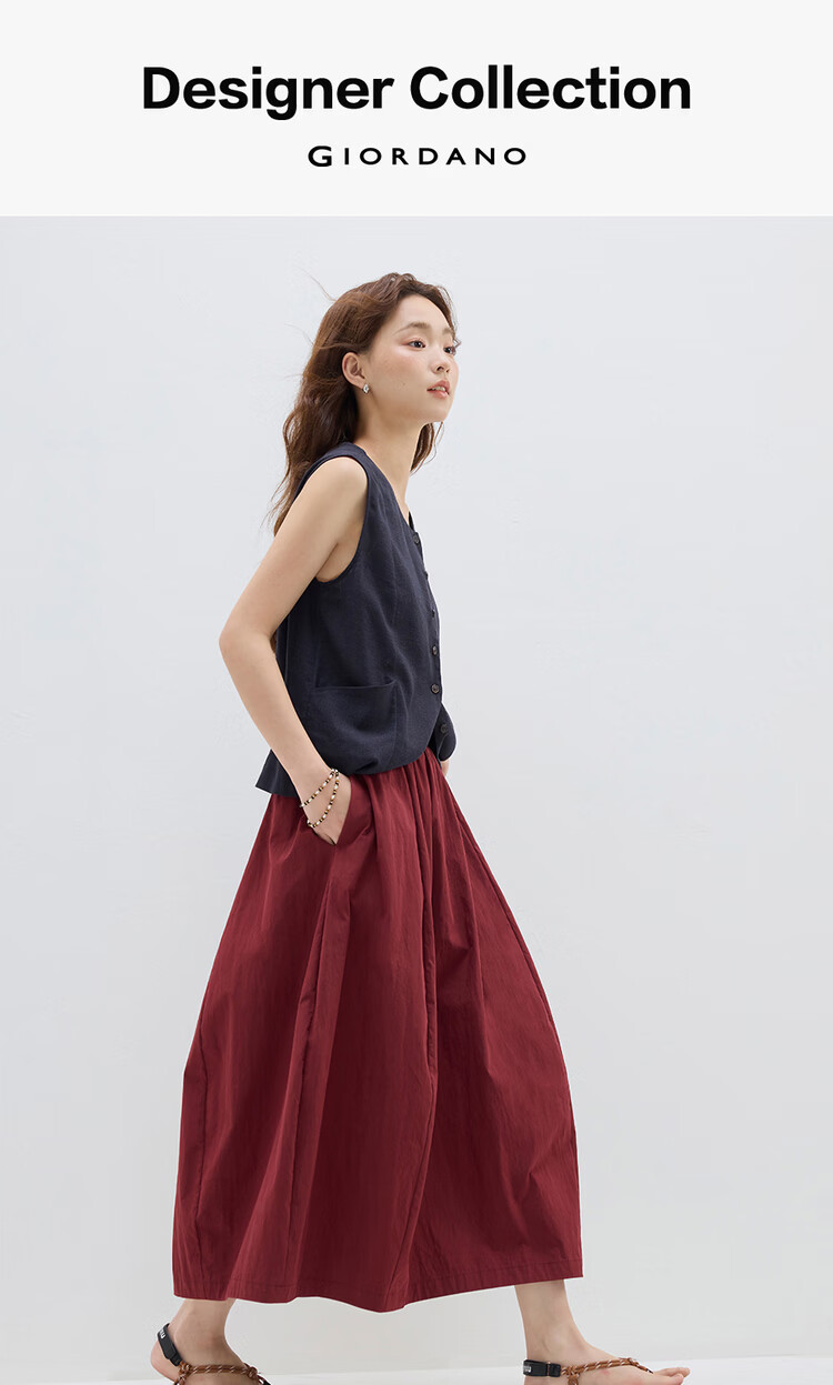 Giordano Designer Cocoon Skirt Women's Summer New Lantern Skirt Elastic Waist Red Midi Skirt 18465808 3