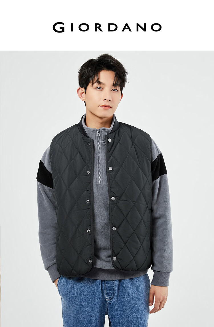 Giordano Men's Autumn Winter New Diamond Pattern Quilted Solid Color Stand Collar Cotton Vest 13075824 3
