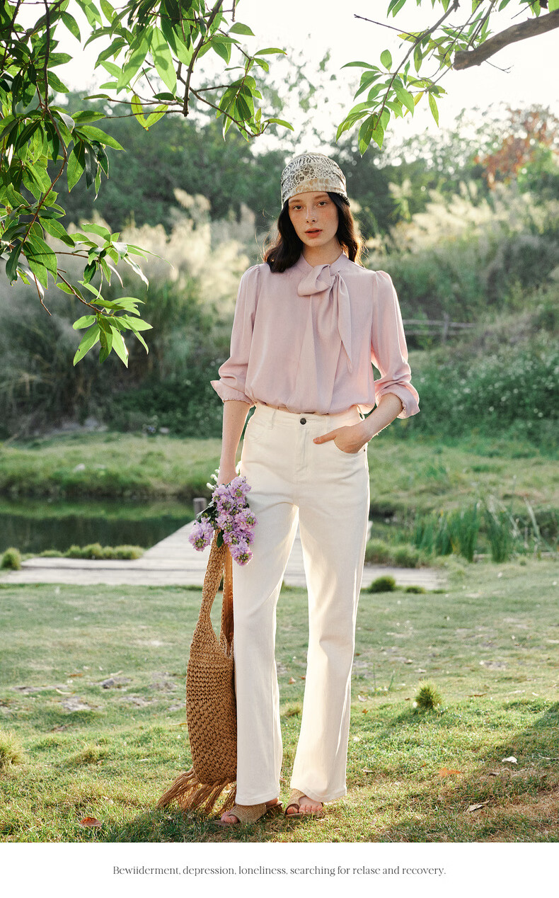 Olrain Ribbon Collar Premium Shirt Women's Spring New Commuter Casual Blouse Pink S 10