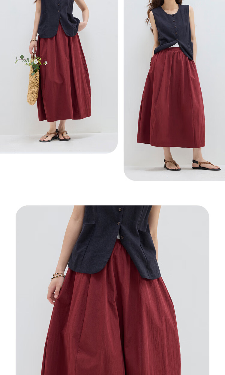Giordano Designer Cocoon Skirt Women's Summer New Lantern Skirt Elastic Waist Red Midi Skirt 18465808 9