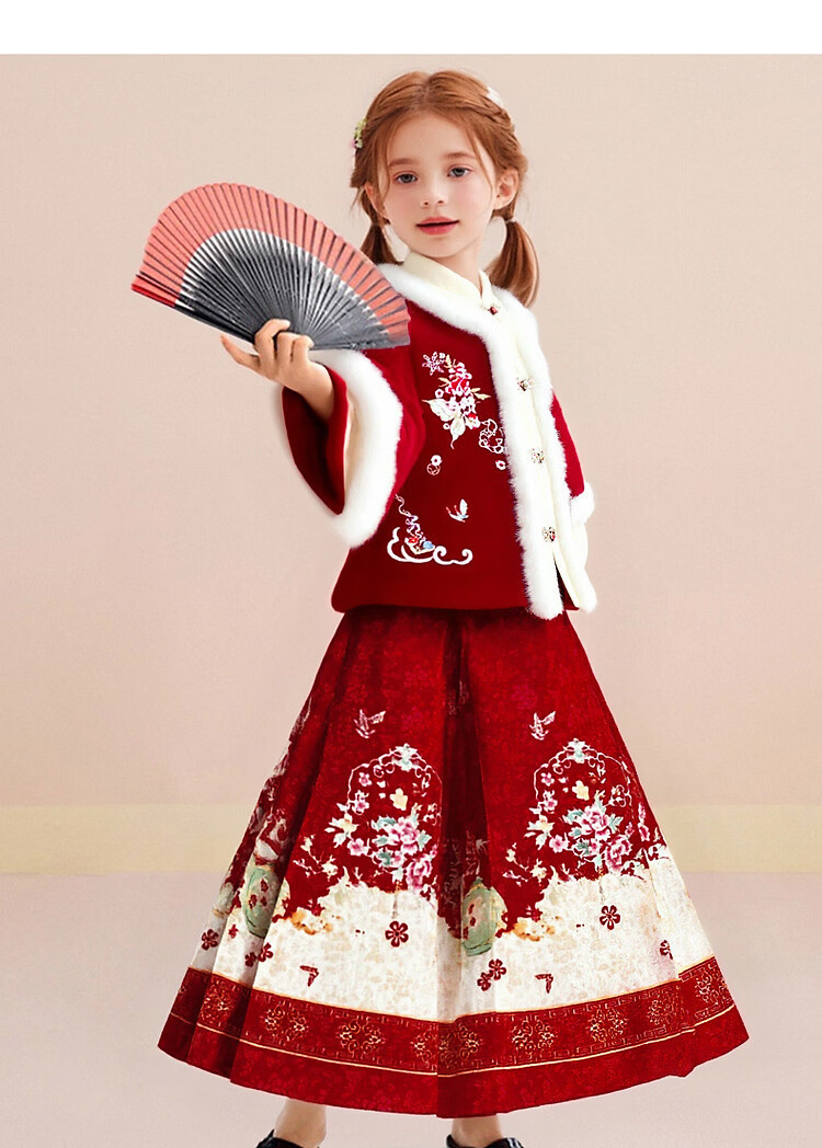 Octmami Girls' Chinese New Year Hanfu Thickened Large Kids Ma Mian Skirt Children's Warm Dress Set China Red 120 8
