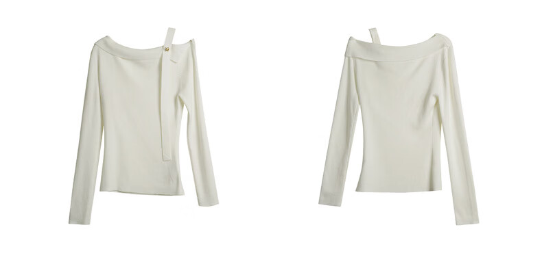 Olrain One-Shoulder Ribbon Pullover Knit Top for Women Spring New Elegant Base Shirt Off-White XL 6
