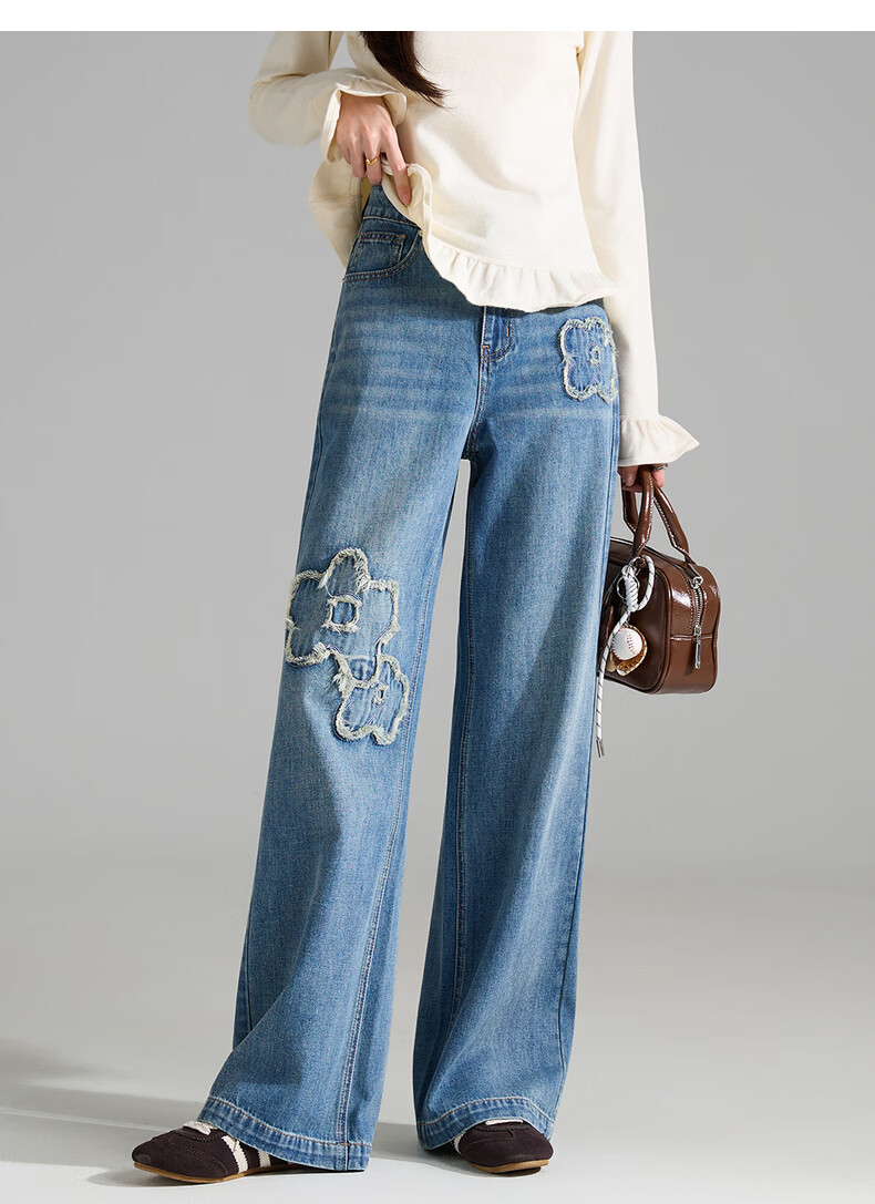 TonLion 2026 Spring Summer Women's Denim Pants Floral Tassel Design Straight Wide-Leg Trousers Fashion Versatile 8