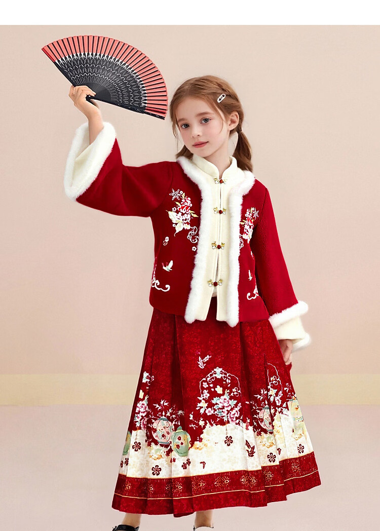 Octmami Girls' Chinese New Year Hanfu Thickened Large Kids Ma Mian Skirt Children's Warm Dress Set China Red 120 11