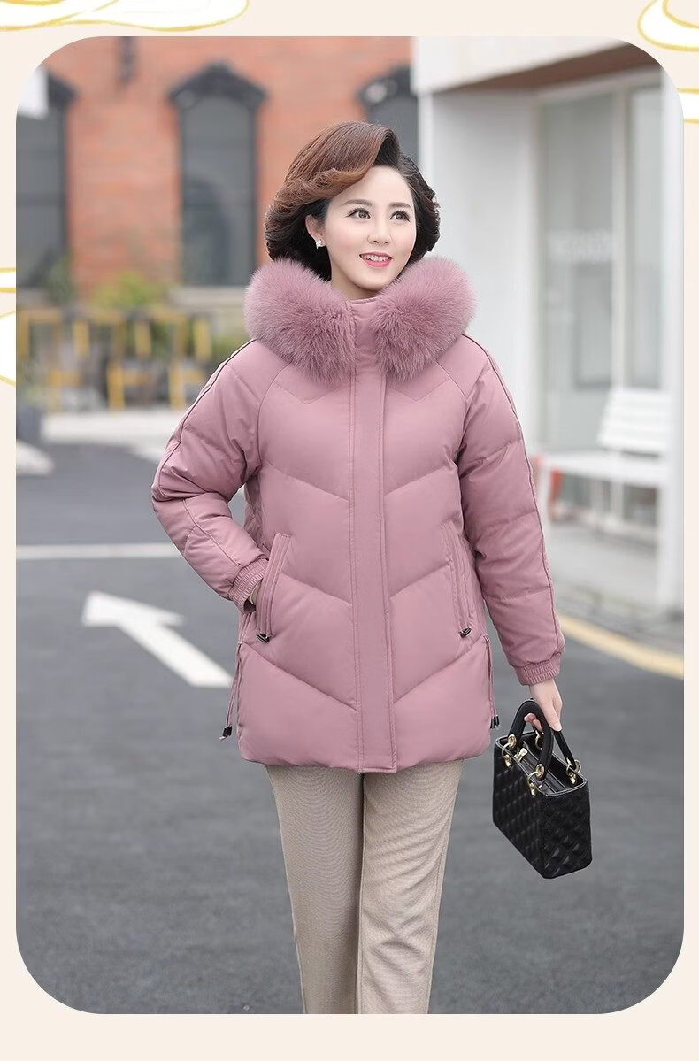 Qiufuluo Women's Winter Down Jacket with Genuine Fox Fur High-End Coat Middle-Aged and Elderly Fashionable Warm Clothing for 50s and 60s 24