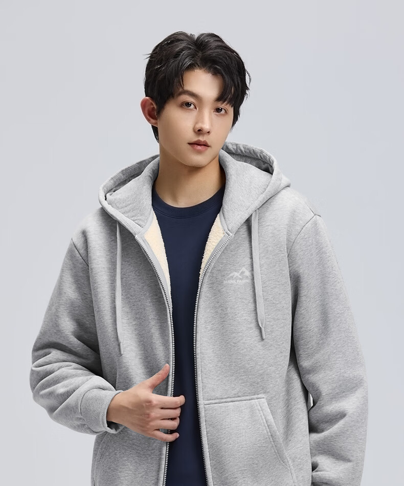 MARK FAIRWHALE Heavy Fleece Lined Men's Hoodie Autumn Winter New Casual Loose Fit Zip-up Hooded Jacket Heather Gray L 15