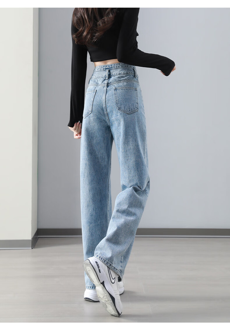Romon High Waist Slimming Women's Jeans Summer Double Button Draped Loose Straight Wide Leg Pants Black Gray M 10