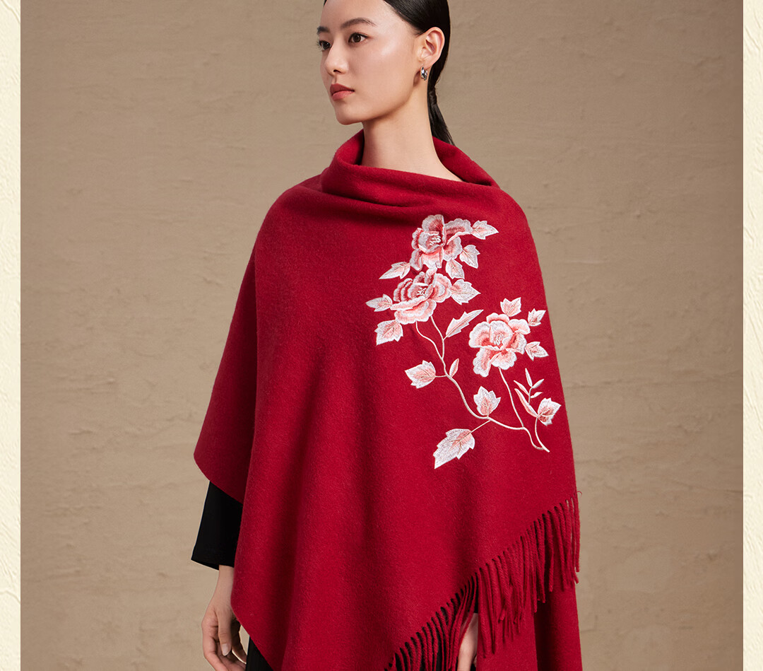 Shanghai Story 100% Wool Scarf National Style Peony Wool Embroidered Large Shawl New Year Birthday Gift for Mom Women 17
