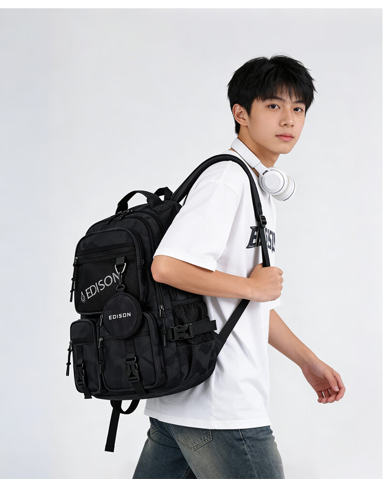 Edison High School Student Large Capacity Waterproof Backpack for Middle and University Students Travel Backpack K2272-5 Camouflage Black 19