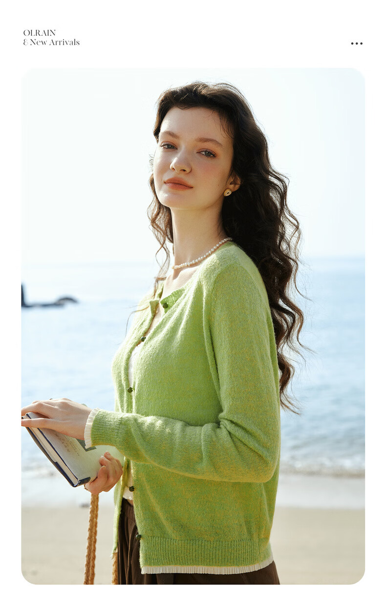 Olrain Women's Spring Commuter Color-Block Lace Spliced Long Sleeve Soft Knit Cardigan Green XL 7