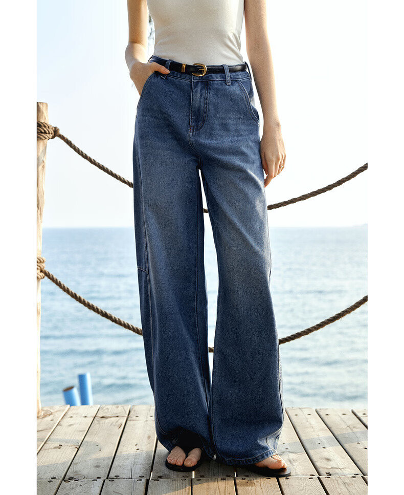 Olrain Tencel Denim Cotton Loose Wide-Leg Curved Hem Floor-Length Jeans Women's Spring Blue M 17