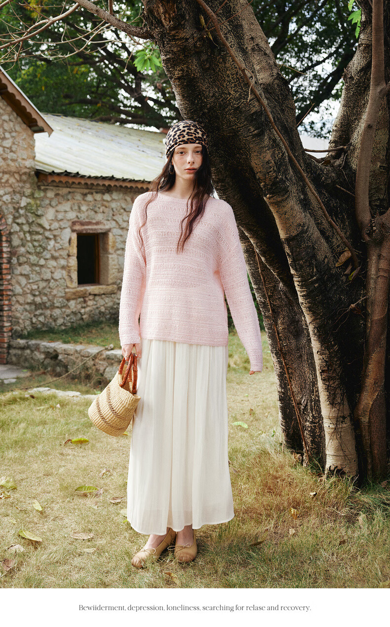 Olrain Oureier Off-Shoulder Hollow Out Loose Pullover Knitwear Women's Spring New Elegant Top Pink M 14