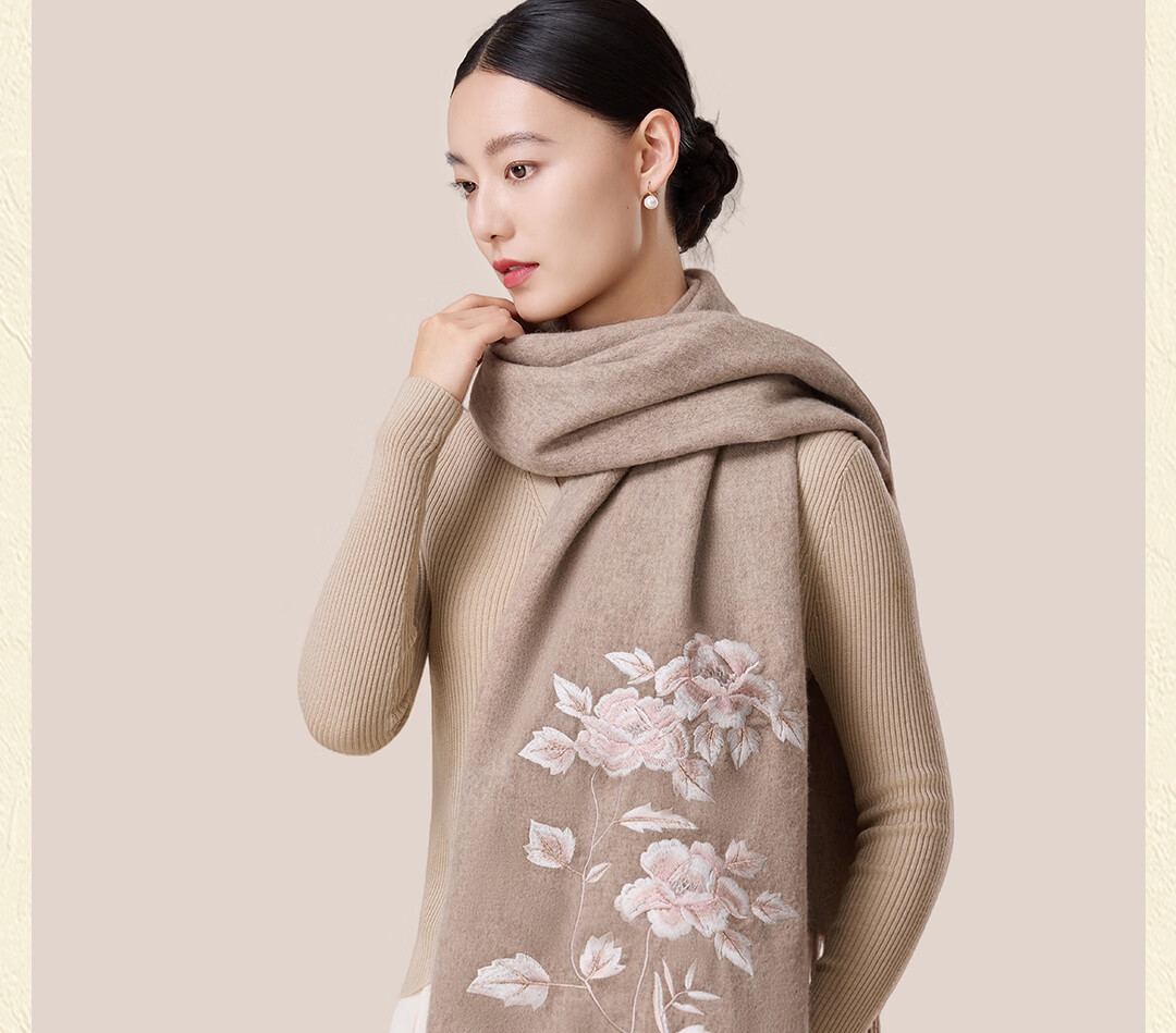 Shanghai Story 100% Wool Scarf National Style Peony Wool Embroidered Large Shawl New Year Birthday Gift for Mom Women 12