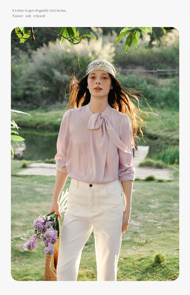 Olrain Ribbon Collar Premium Shirt Women's Spring New Commuter Casual Blouse Pink S 8