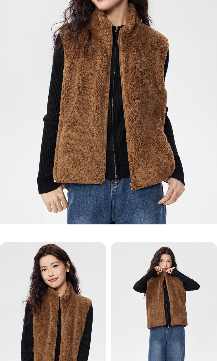 Giordano Women's Plush Vest Autumn Winter New Coral Fleece Pocket Stand Collar Zipper Sleeveless Jacket 13375794 16