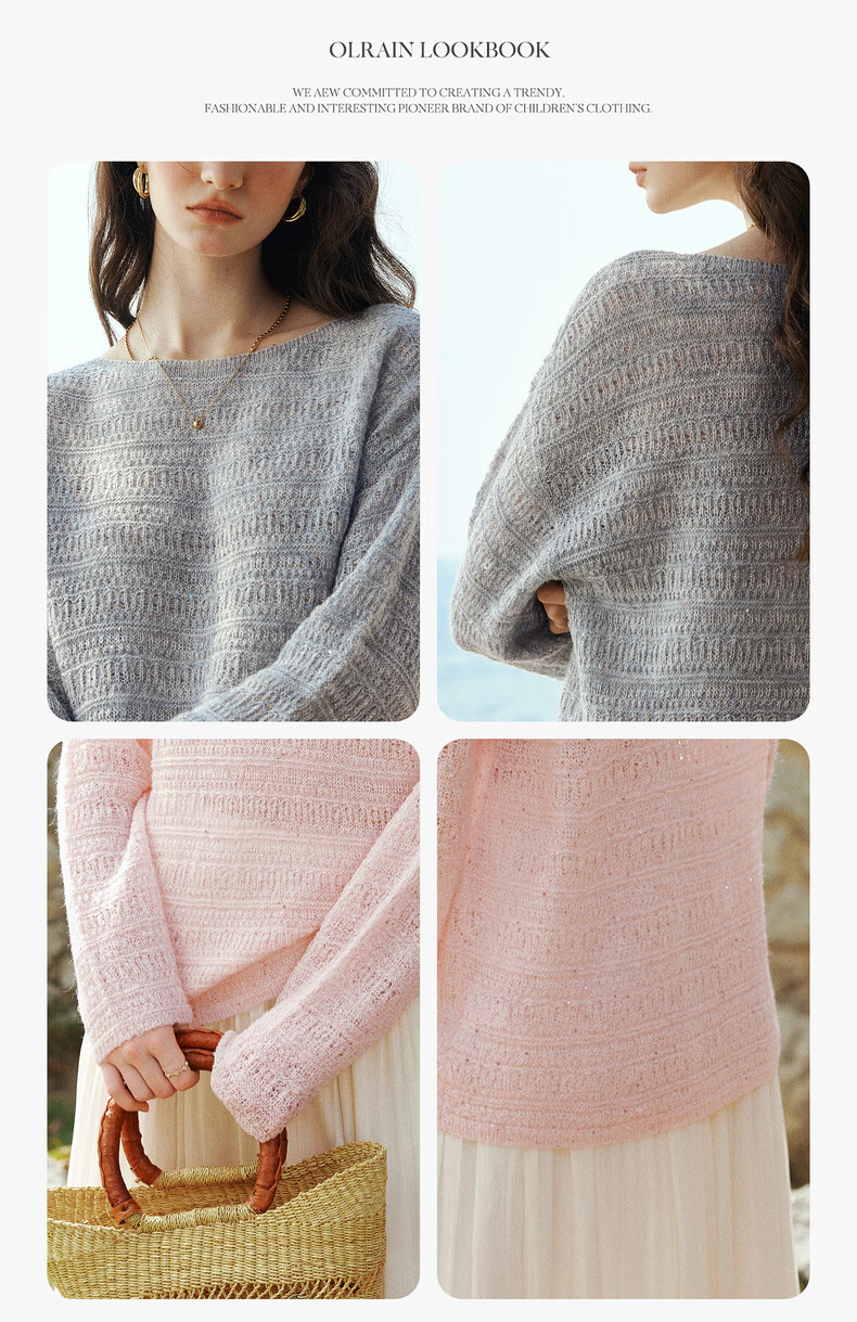 Olrain Oureier Off-Shoulder Hollow Out Loose Pullover Knitwear Women's Spring New Elegant Top Pink M 11