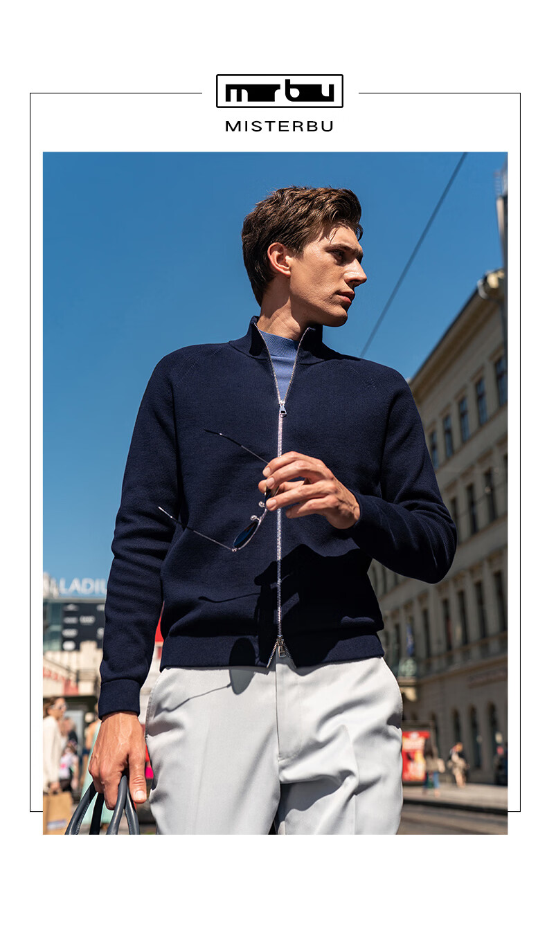 Mr.Bu Half Turtleneck Zipper Pure Cotton Knitted Cardigan Men's Raglan Sleeve Sweater Deep Sea Blue L/175 4