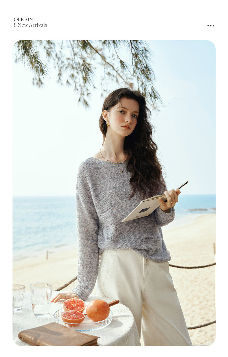 Olrain Oureier Off-Shoulder Hollow Out Loose Pullover Knitwear Women's Spring New Elegant Top Pink M 7
