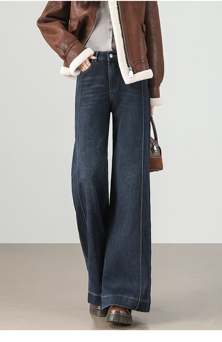 TERRE BLEUE Women's Wide-Leg Fleece-Lined Thickened Denim Jeans 2025 Autumn Winter New Slim Flared Casual Pants 10