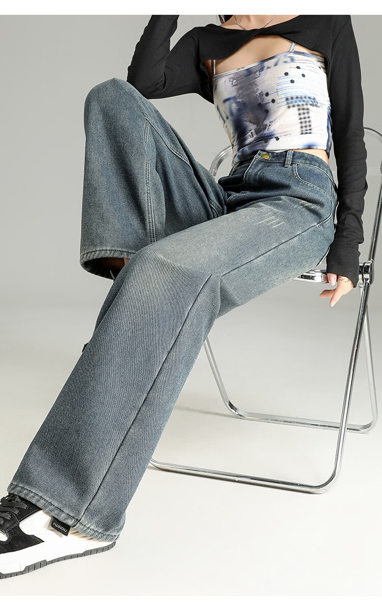 TonLion 2025 Winter Fleece-Lined Thickened High-Waist Korean Style Straight-Leg Vintage Versatile Denim Pants 12