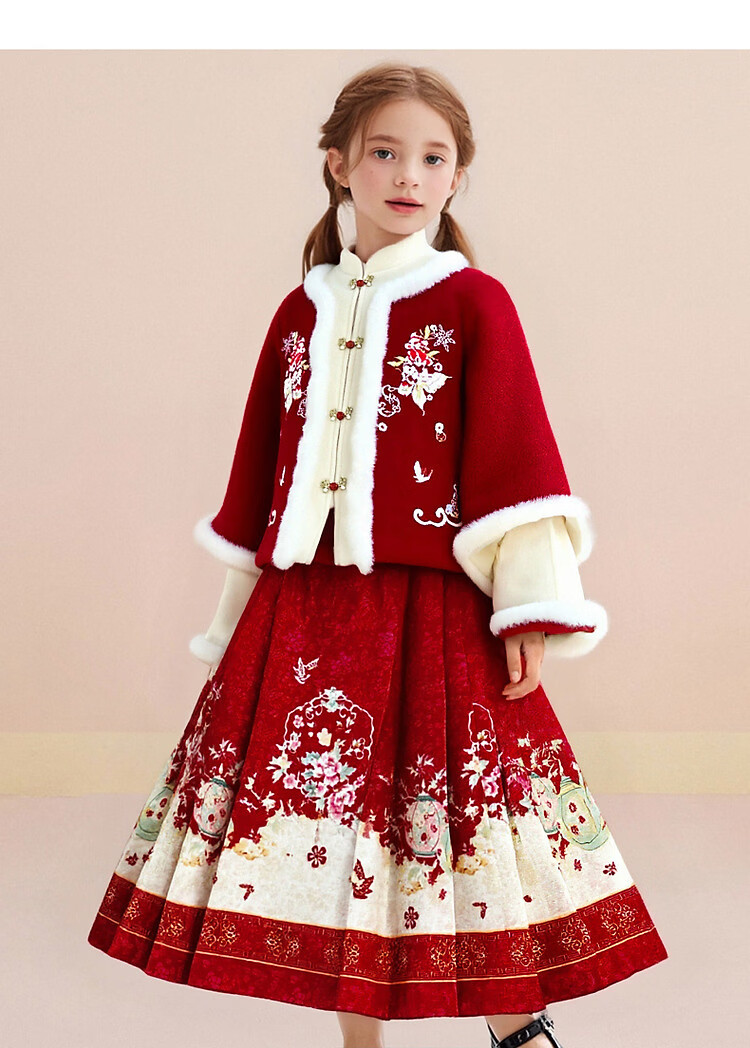 Octmami Girls' Chinese New Year Hanfu Thickened Large Kids Ma Mian Skirt Children's Warm Dress Set China Red 120 10