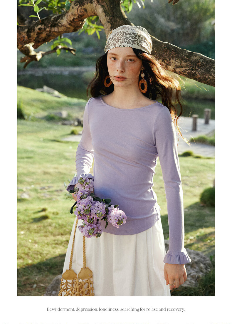 Olrain Eurielle French Style Off-Shoulder Top Women's Spring New Ruffled Slim Fit Long Sleeve T-Shirt Purple L 18