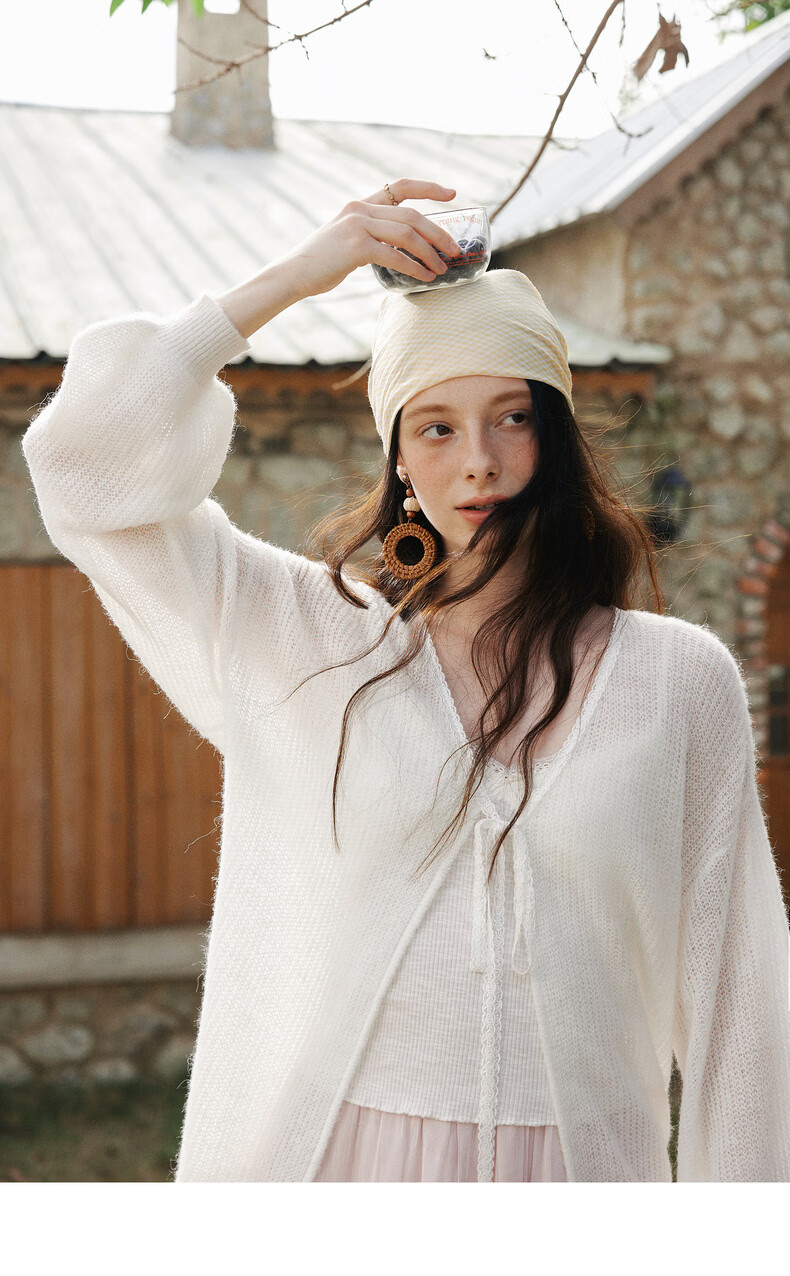 Olrain Women's Loose Deep V-Neck Knit Cardigan Sweater Spring New Long Sleeve Top Jacket White M 17