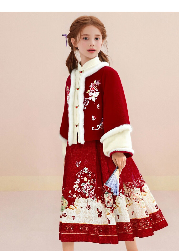 Octmami Girls' Chinese New Year Hanfu Thickened Large Kids Ma Mian Skirt Children's Warm Dress Set China Red 120 9